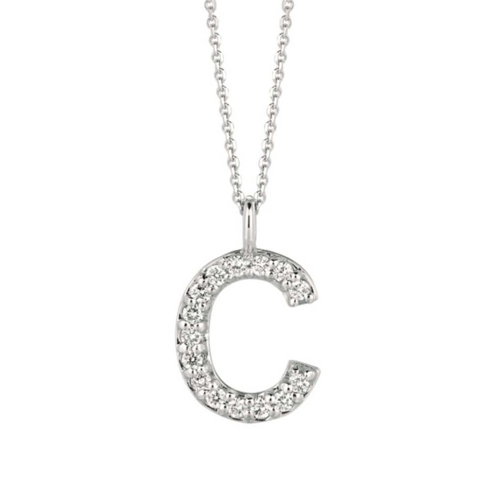 0.15 Carat Natural Diamond C Initial Necklace 14K White Gold